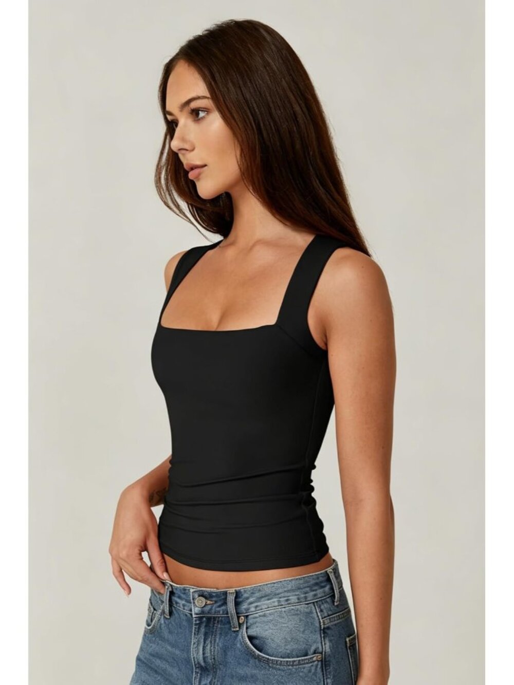 〽️Women's Black Sleeveless Square Neck Double Layer Fitted Stretch Basic Top! - Picture 2 of 6